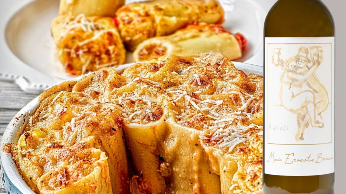 Paccheri gratinati con ragù di pesce: abbinamento con Raphael Bianco di Maria Ernesta Berucci