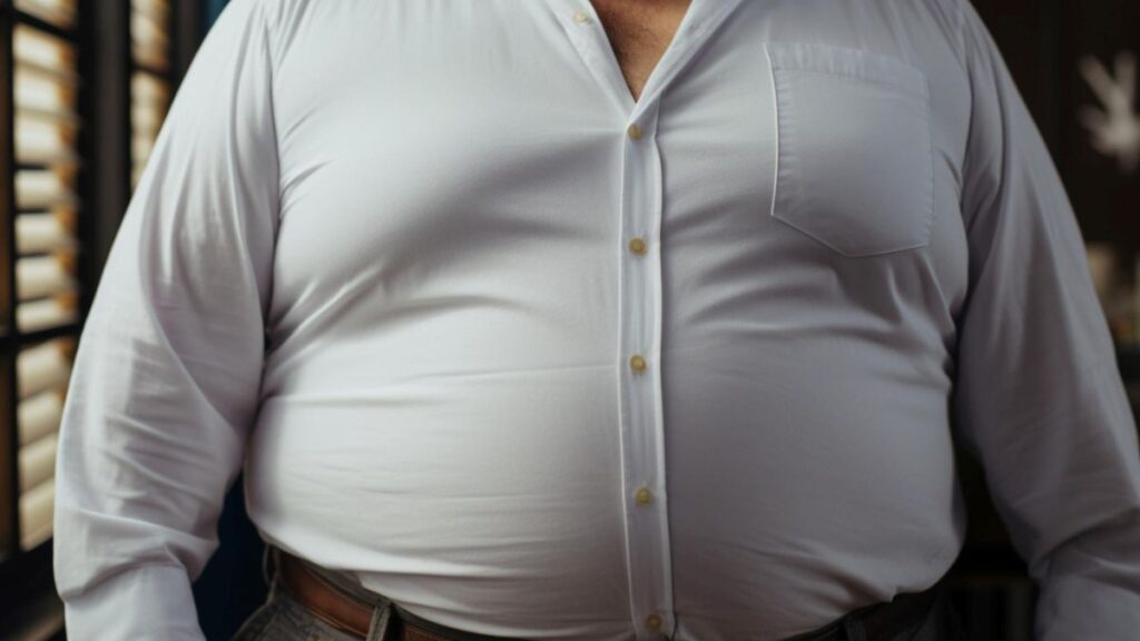 Uomo con camicia bianca tirata sulla pancia, simbolo di grasso addominale e problemi di salute.