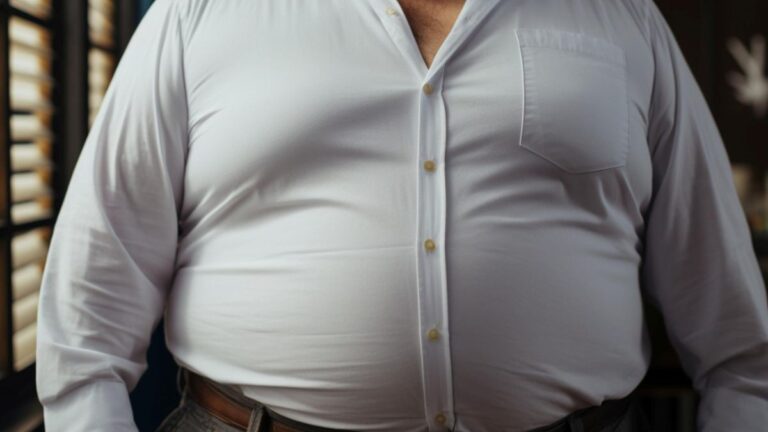 Uomo con camicia bianca tirata sulla pancia, simbolo di grasso addominale e problemi di salute.