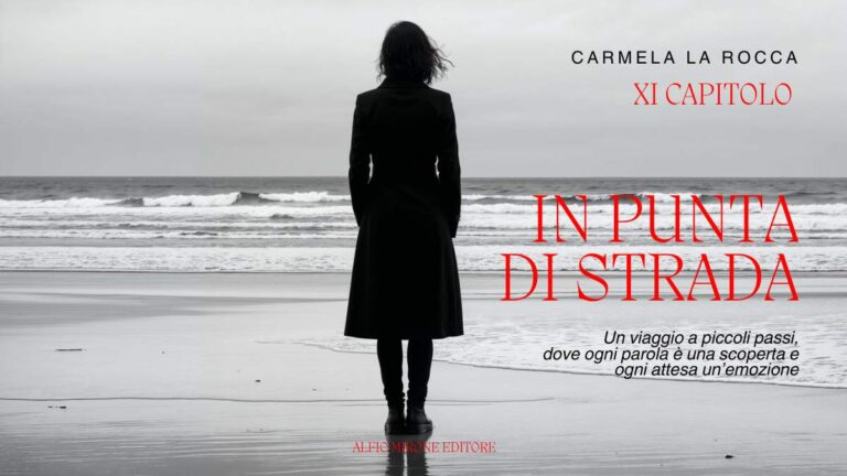 Donna di spalle su una spiaggia, copertina XI capitolo In punta di strada