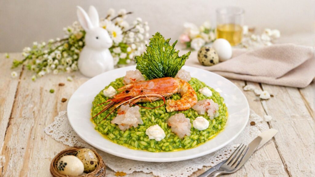 Risotto verde di Pasqua con gambero e yogurt al limone
