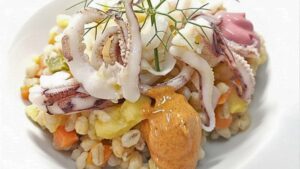 Orzo Perlato all’ortolana con calamari al vapore e maionese vegetale