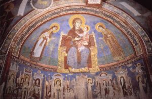 Anagni, Cattedrale, Cripta di S. Magno, Abside sinistra Primo Maestro, Madonna con Bambino tra le Sante Aurelia e Neomisia In basso: Storie di Santa Secondina